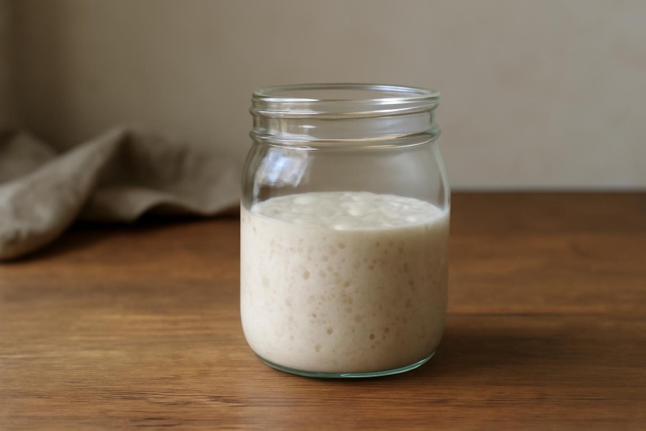 jar of sourdough starter with bubbles on a wooden counter