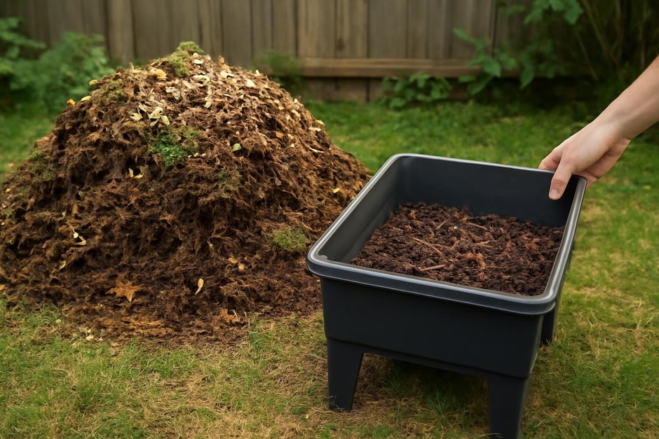 Backyard hot compost pile beside a small indoor worm bin with red worms