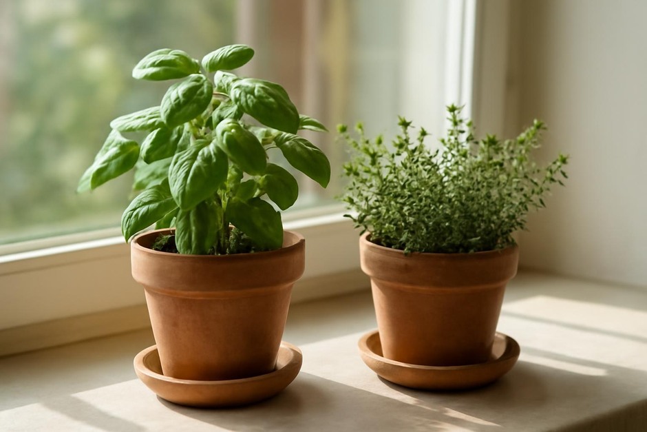 Pots of basil and thyme on a sunny windowsill