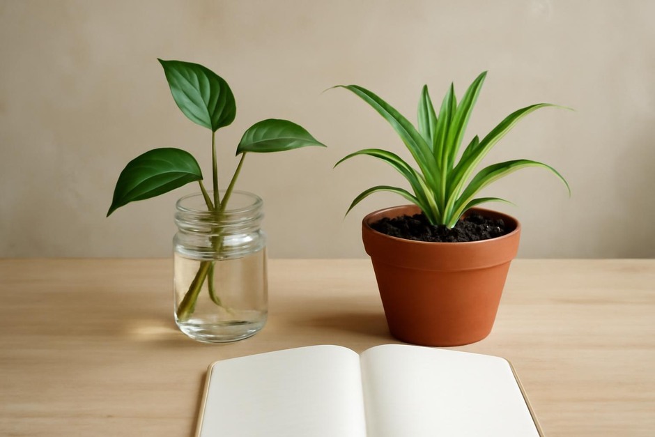 Two potted plants illustrating propagation methods: a cutting in water and a divided clump in soil