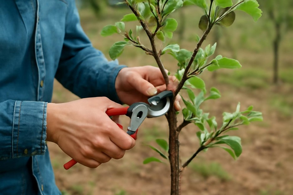 Person making careful pruning cuts on a small apple tree in spring